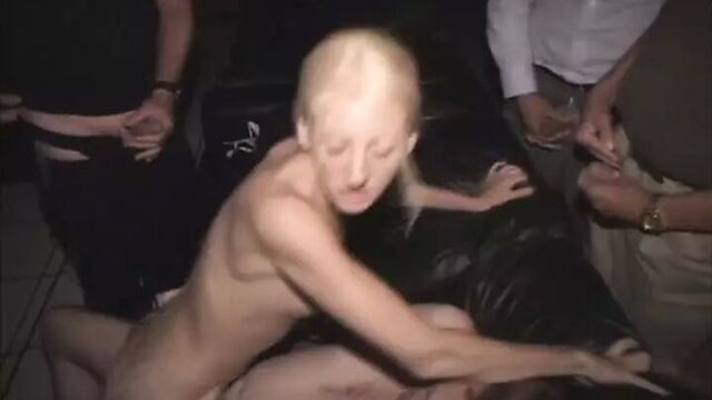 Skinny Minnie Cock Smokin Whore Gangbaged by Nasty Porno Theater Penis!